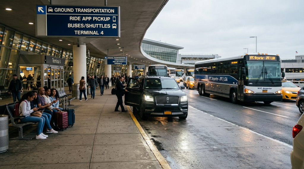 Professional chauffeur waiting curbside at JFK Airport with luxury black SUV for Hamptons transfer