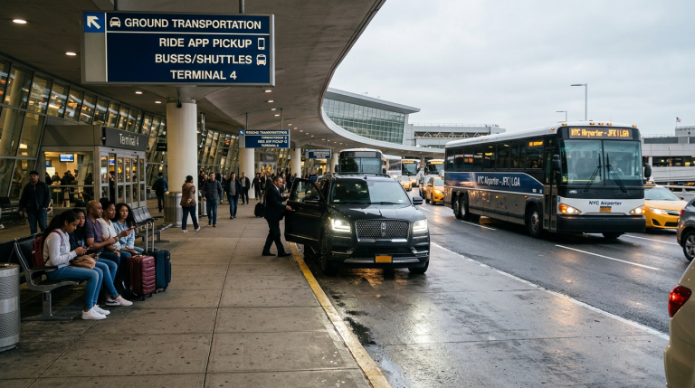 Professional chauffeur waiting curbside at JFK Airport with luxury black SUV for Hamptons transfer